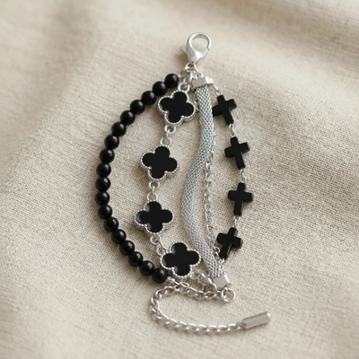 Multi-Strand Black Clover & Beaded Layered Bracelet
