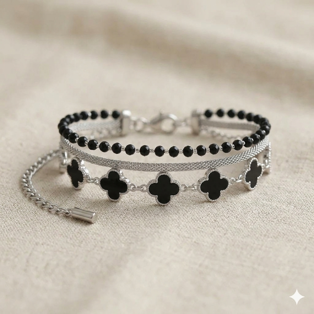 Triple-Strand Gold & Black Clover Bracelet