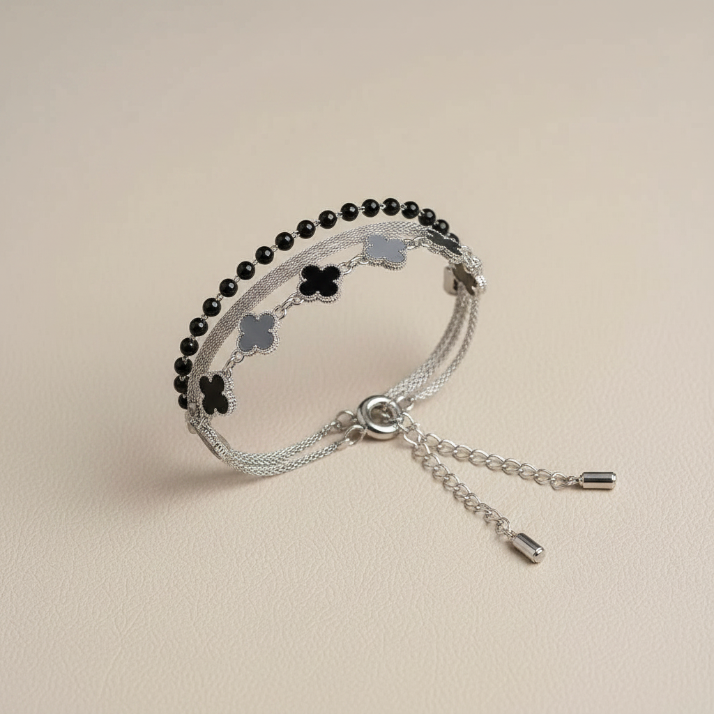 Multi-Strand Black Clover & Beaded Layered Bracelet