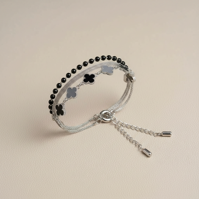 Multi-Strand Black Clover & Beaded Layered Bracelet