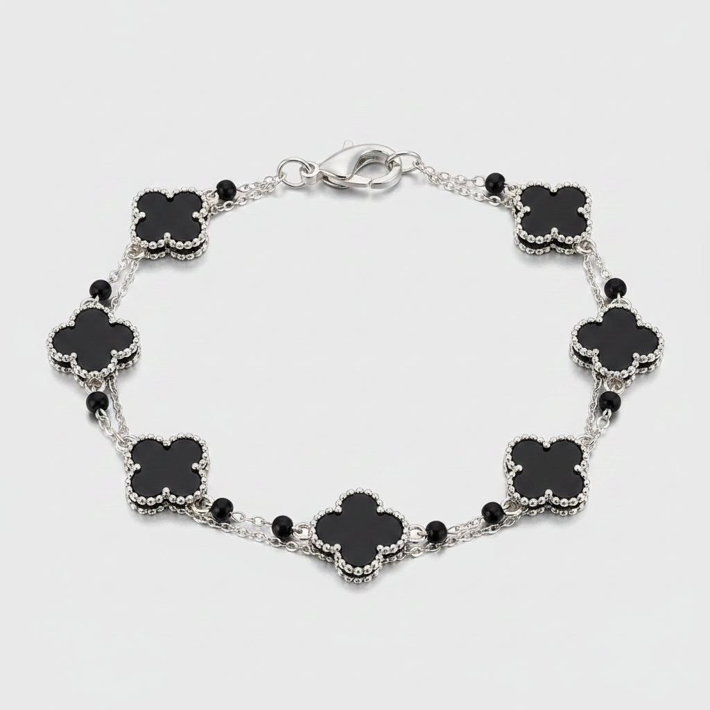 Multi-Strand Black Clover & Beaded Layered Bracelet
