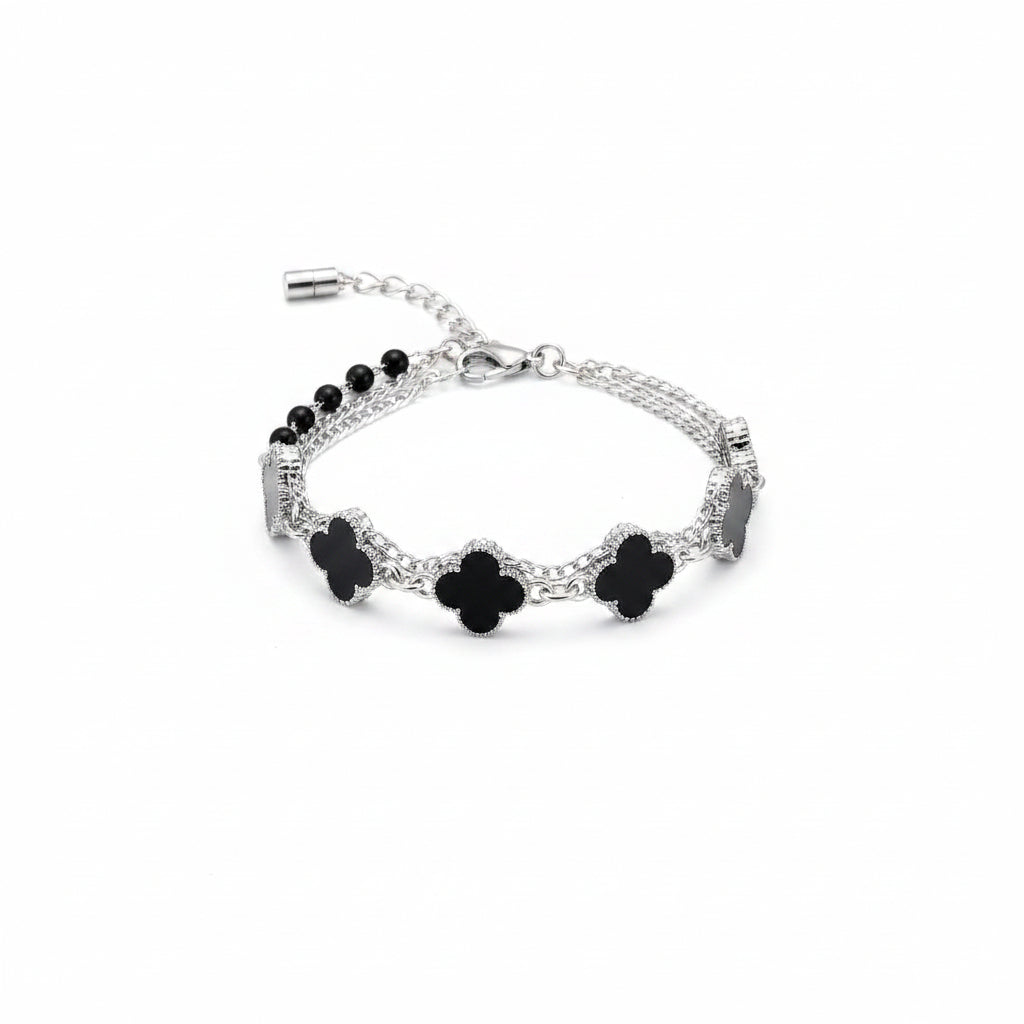 Multi-Strand Black Clover & Beaded Layered Bracelet