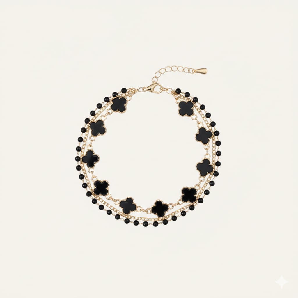 Triple-Strand Gold & Black Clover Bracelet